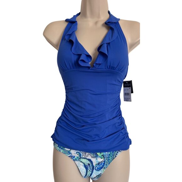 Ralph Lauren Tankini Swim Size 6 Halter Top Print Bottom NWT Blue Ruffle Print B - Picture 11 of 12